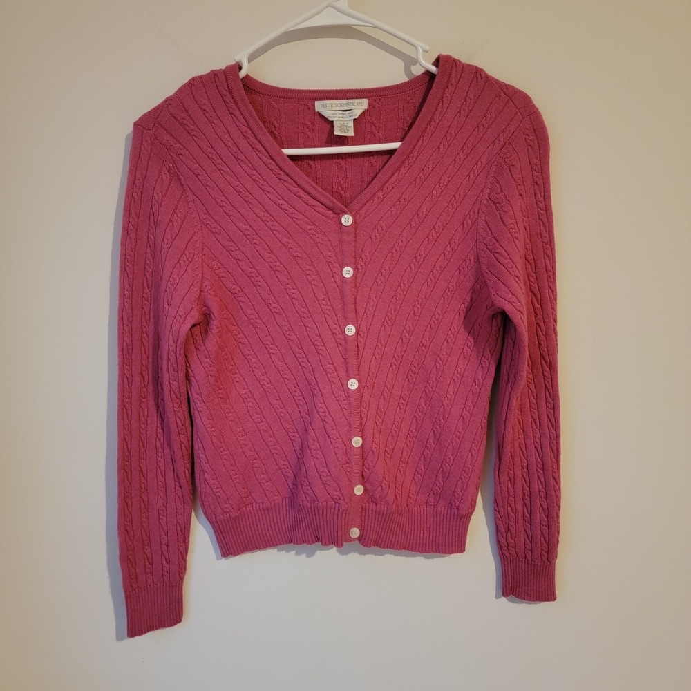 Petite Sophisticate Cardigan Cable Knit Sweater Large‎ Preppy Wool Old Money